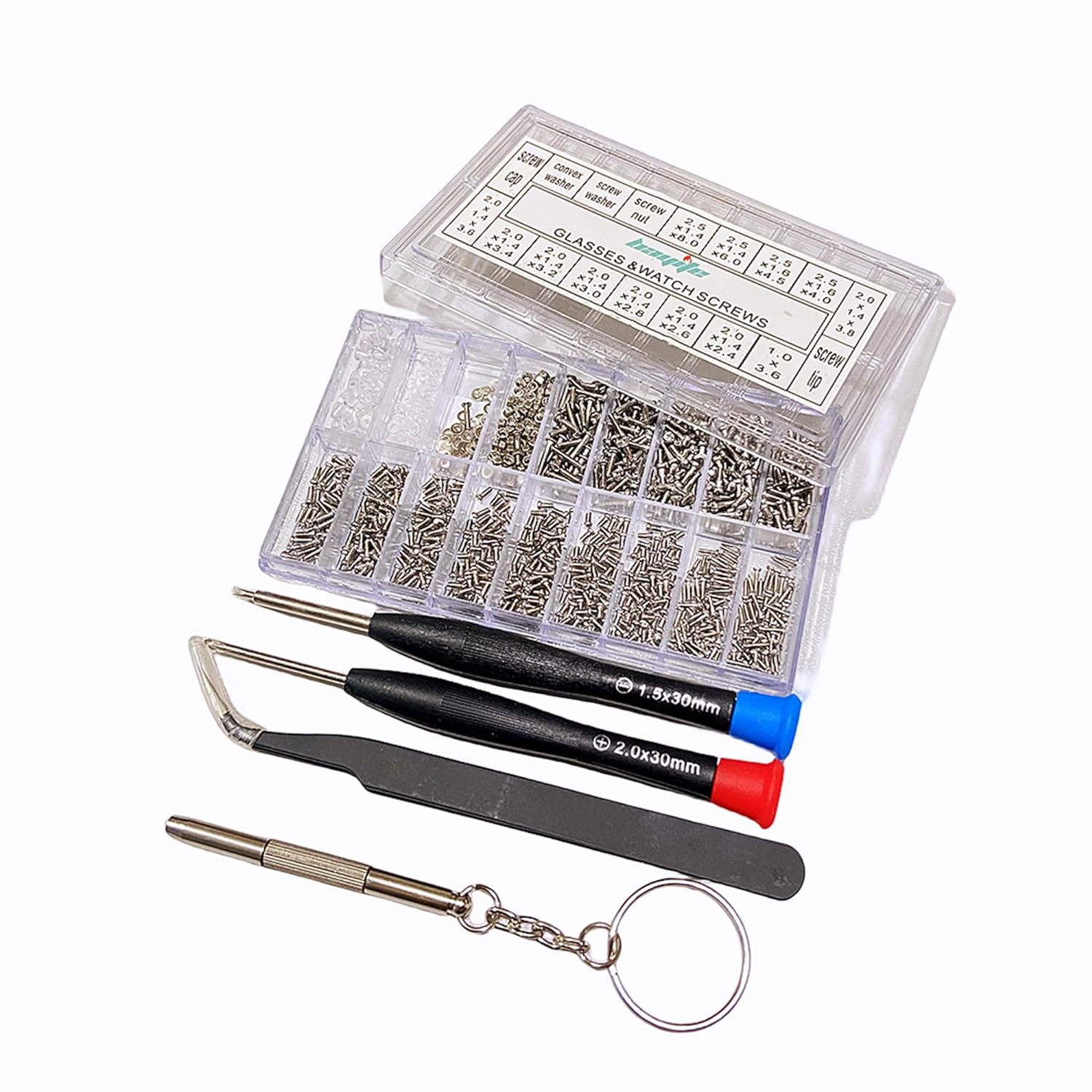 1000pcs Eyewear and watch repair kit, screws, nuts, tweezers/flat-head/cross-head/screwdriver tools Item Picture