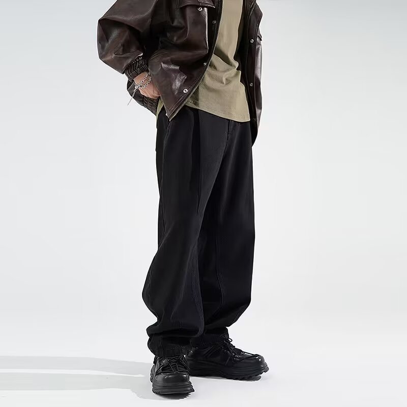 FUIV American-style jeans for men, washed and aged, high street straight, loose, trendy brand wide-leg long pants for men details Picture