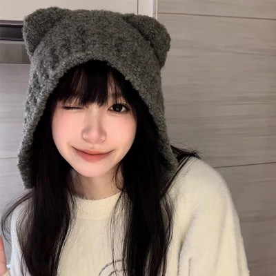 Star Contains Cute Bear Hat Female Autumn And Winter New All-Match Warm Woolen Hat 2022 Gray Ear Protection Knitted Hat
