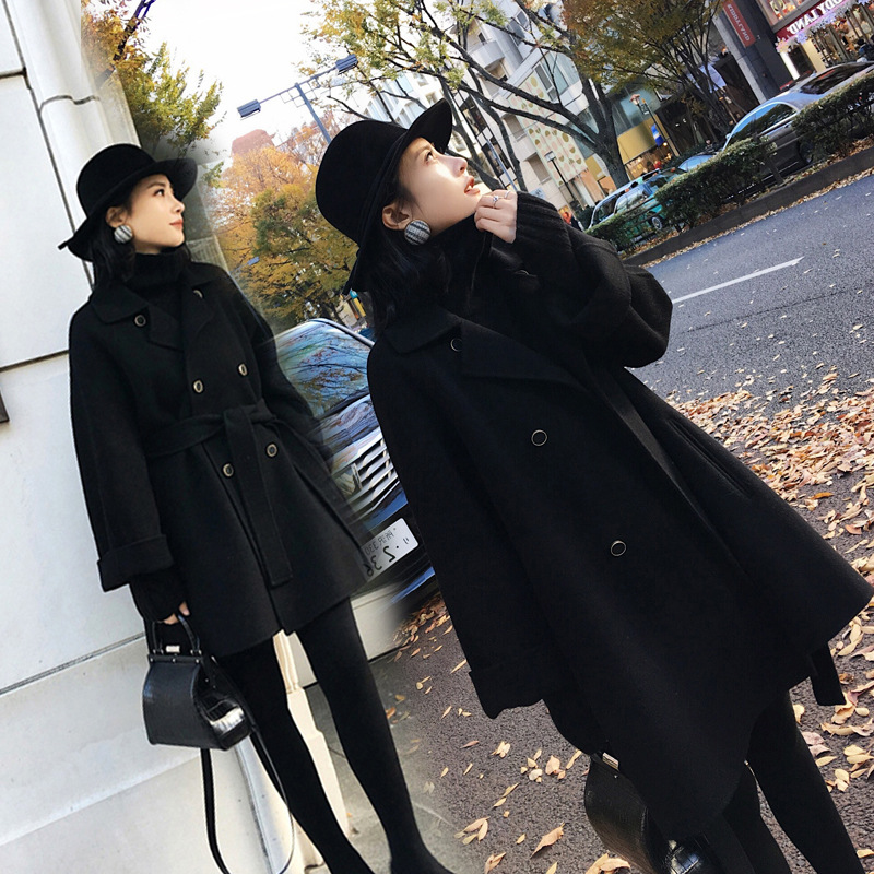 Woolen Coat Female 2023 Autumn And Winter New Korean Version Of Long Woolen Coat Loose Tie Girls Woolen Coat Specification drawing