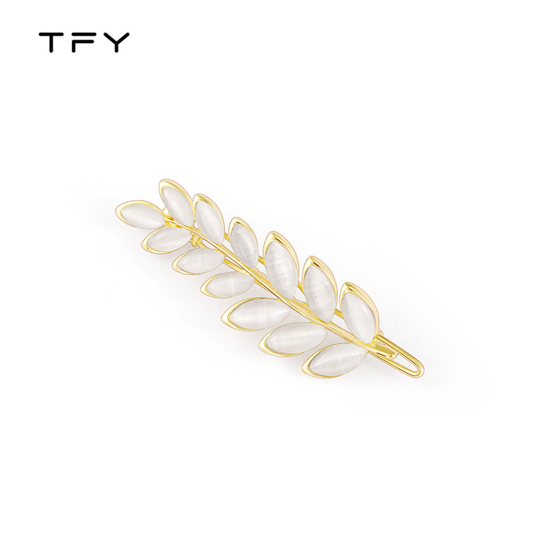 tf Cat's eye stone leaf side hair clip, women's one-piece clip, Spring and summer thin hair accessory, niche hair clip, bangs clip headwear details Picture