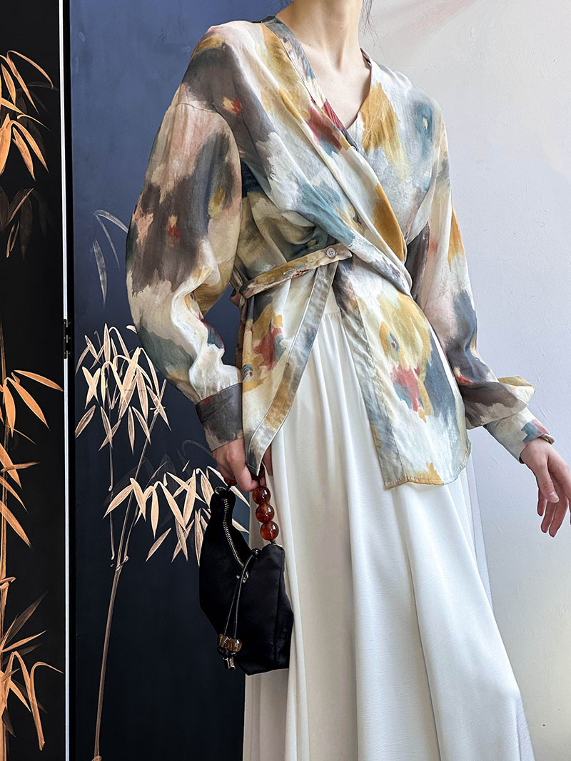 Juzhi's new Spring/Summer 2024 French retro patchwork long-sleeved shirt for women with an irregular design sense, 1593 Item Picture