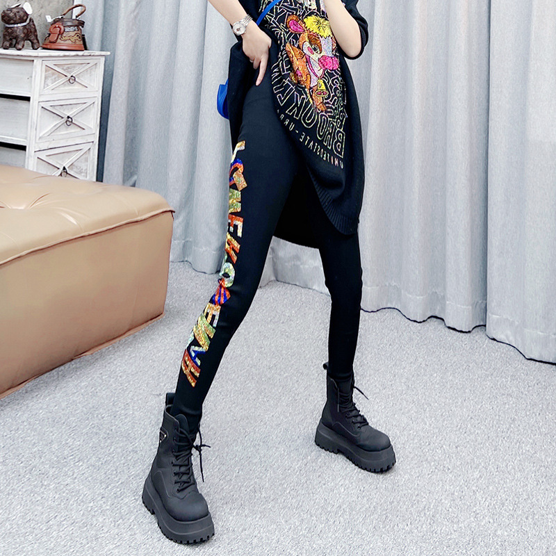 Hot diamond nine-inch pants 2025 Spring and Autumn New trendy outerwear leggings for women, colorful letter stretch thin nine-inch pants Specification image