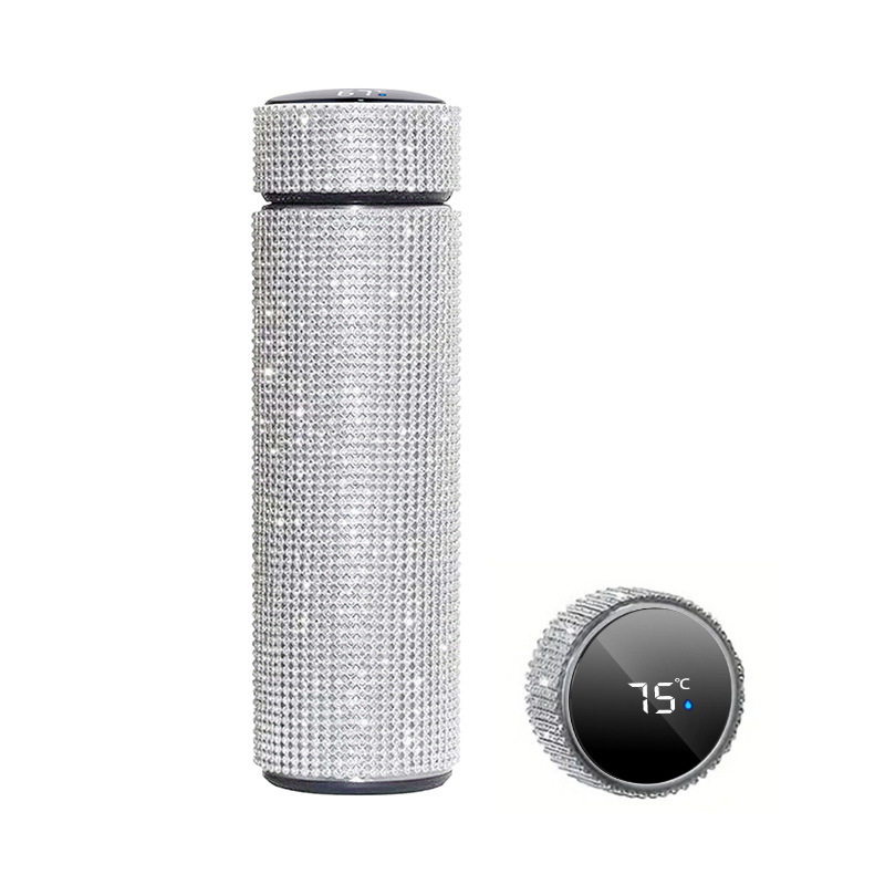 Cross-border 500ml stainless steel diamond-encrusted smart insulated cup, led temperature display water cup, straight cup for home and office use details Picture