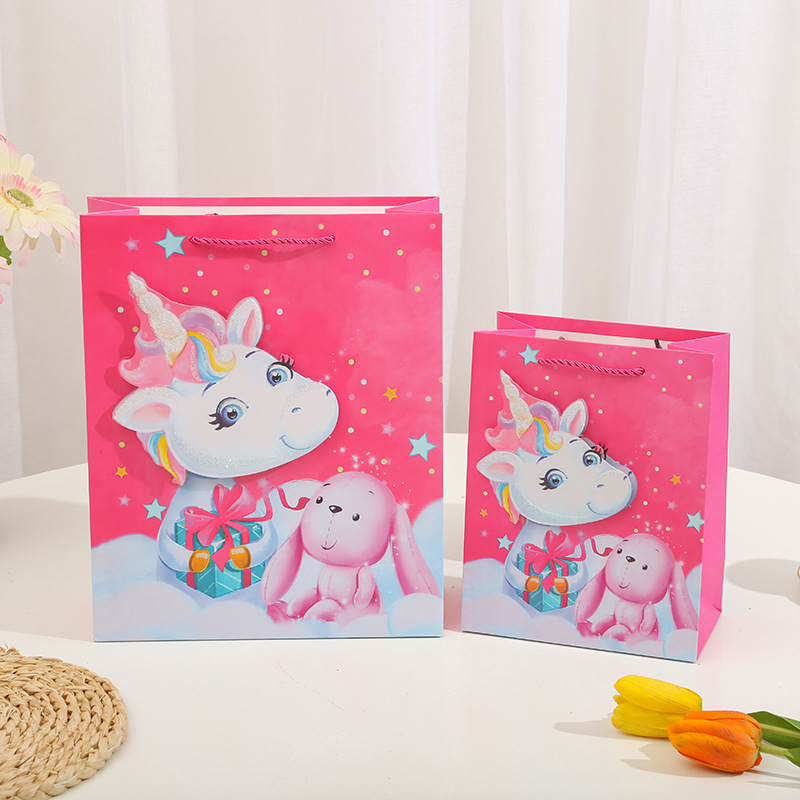 Cartoon Cute Unicorn 3D Patch Powder Gift Bag Tote Bag Hot Gold Paper Bag Birthday Gift With Gift South