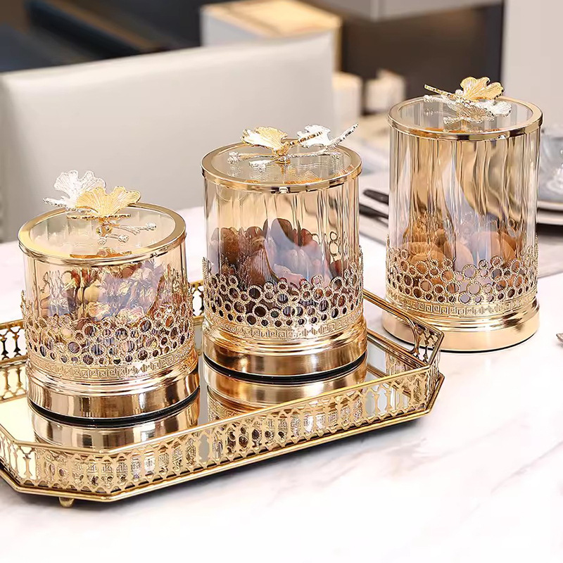 French Gold Candy Jar European Light Luxury High Permeability Glass Decoration Desktop Sealed Storage Jar Living Room Creative Decoration Application Scenario