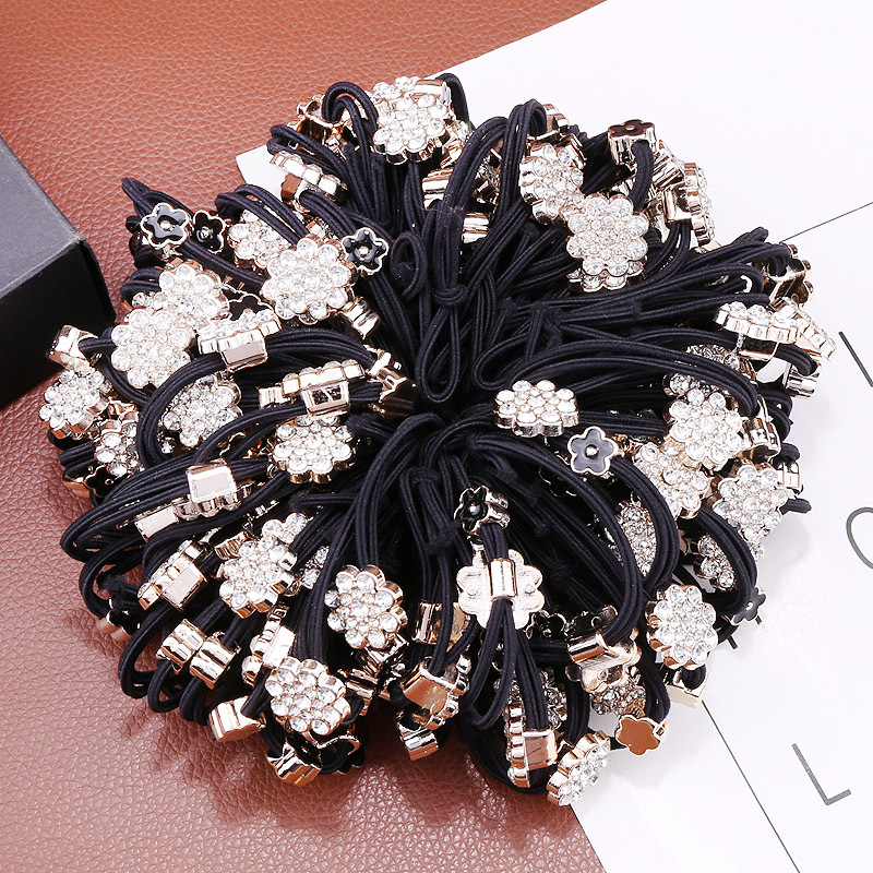 Japanese And Korean Version Of Rhine-Drill Drop Oil Four-Leaf Flower Hair Rope Flowers Tied With Bow Basic Head Rope Sen Women's Rubber Band Head Jewelry Specification drawing