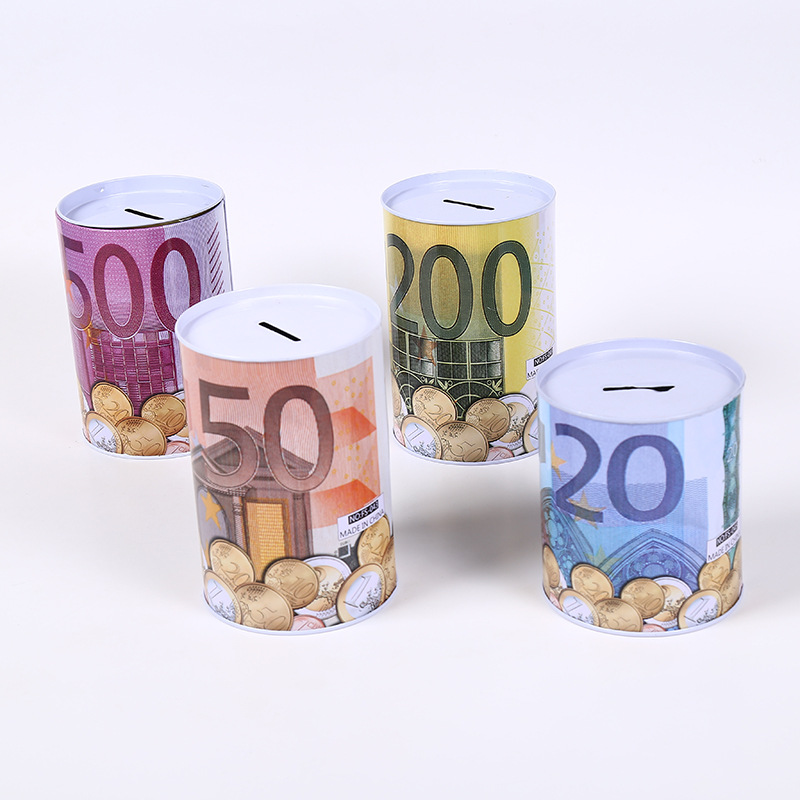 创意马口铁硬币存钱罐 圆形美元欧元储蓄罐只进不出 儿童节日礼品