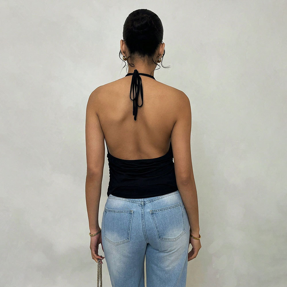 Summer new French chic halter neck, backless, small halter top with deep V design for cross-border women's clothing from Europe and America details Picture