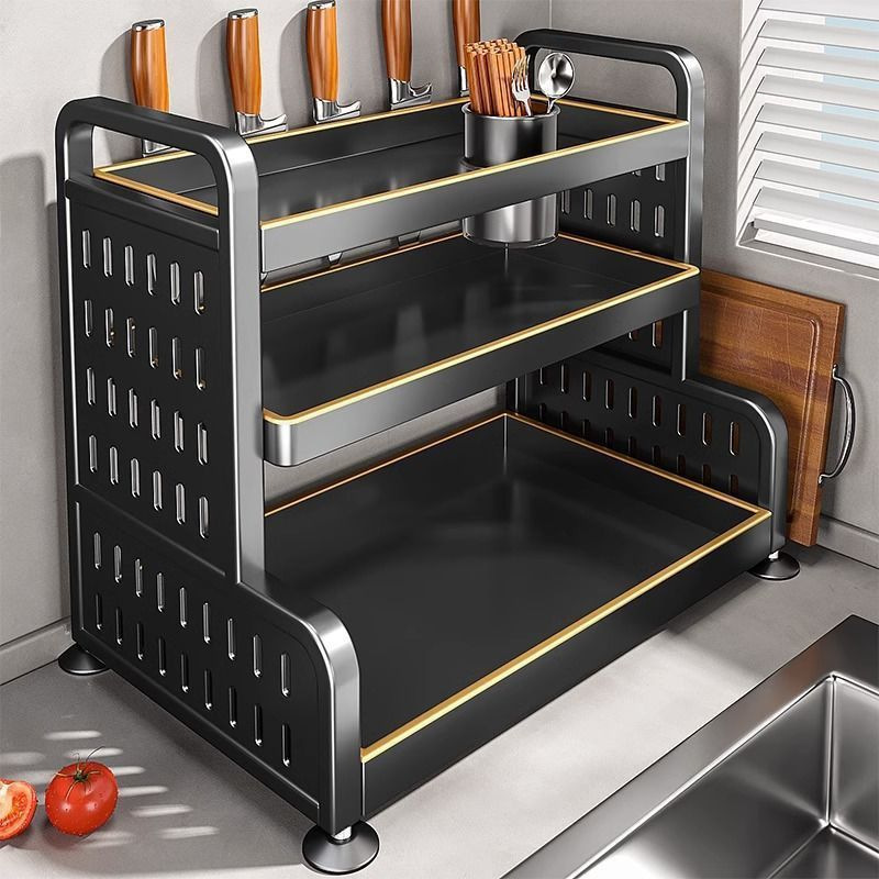 Wholesale of multi-layer stainless steel kitchen seasoning shelves, knife racks, countertops, multi-functional seasoning kitchenware and supplies storage racks Specification image