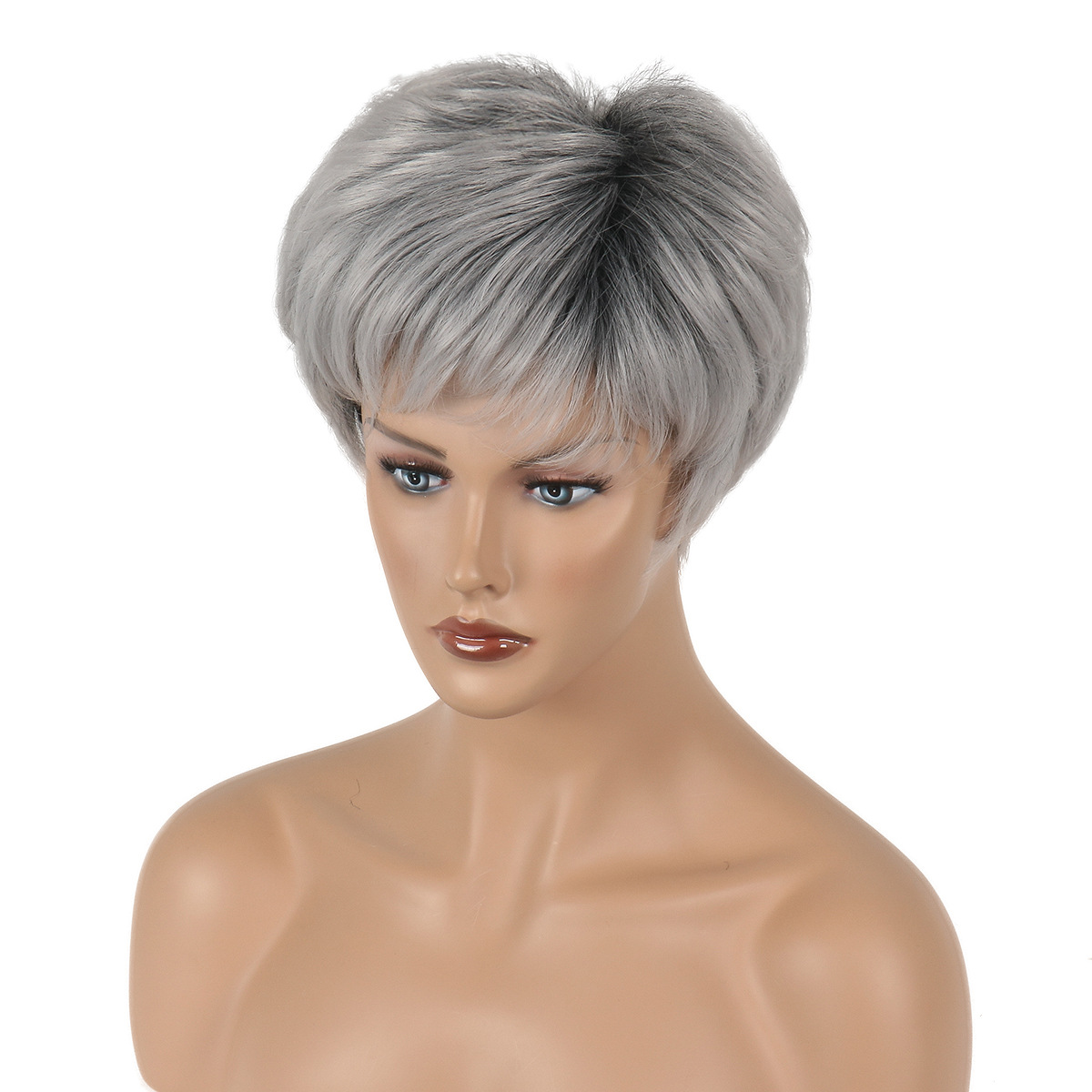 Cross-border for European and American wig women short straight hair silver gray gradient wig head set Amazon explosive short hair Item Picture