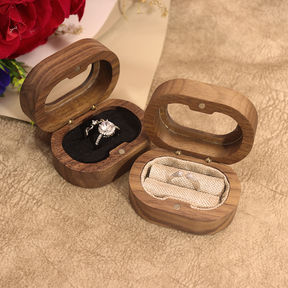 Solid wood walnut stud jewelry, ring accessories, jewelry storage box, oval window acrylic engagement ring box details Picture