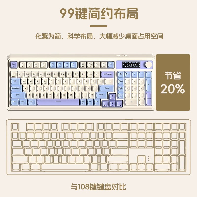 The Wolf Spider S99pro features a three-mode mechanical touch keyboard, portable charging, color-matching, and is suitable for both men's and women's office gaming with a display screen Specification image