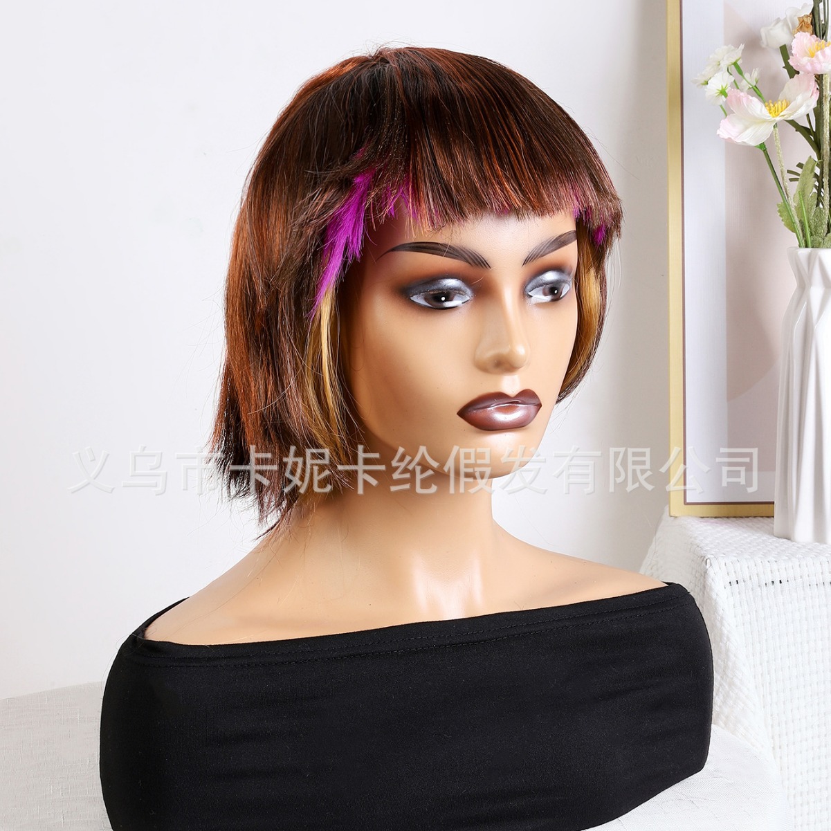 A new 14-inch female wig for students with a straight bangs Bob, made of synthetic fiber and dyed wholesale wigs details Picture