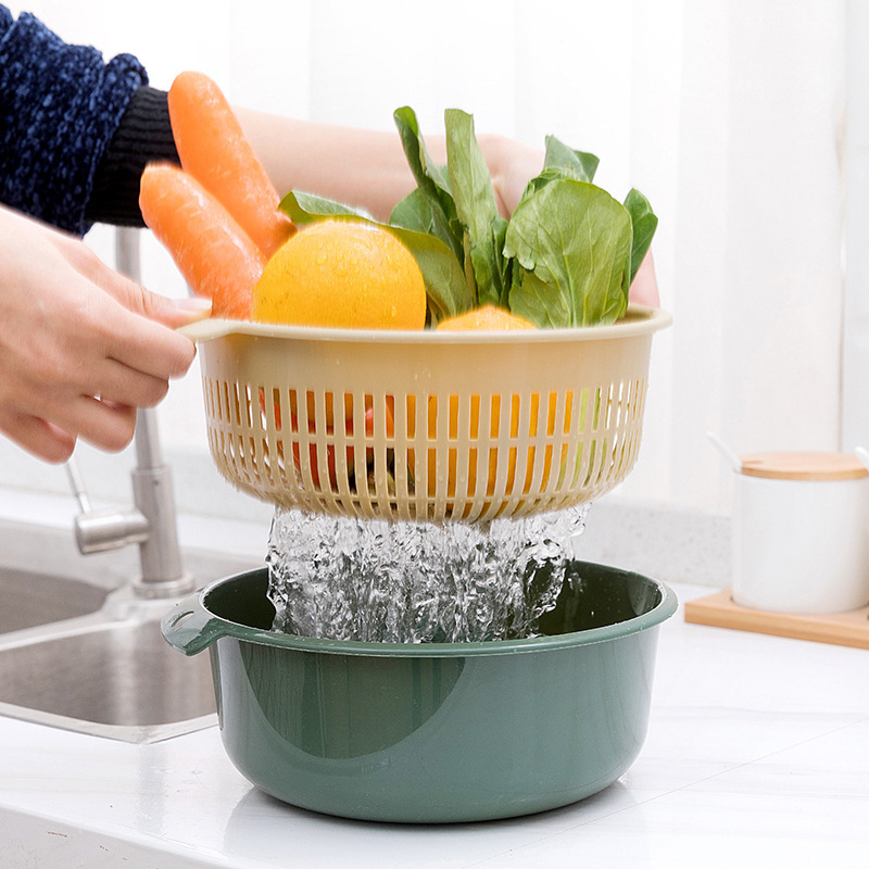 Thickened double-layer draining basket, household round draining fruit basin, creative multi-functional plastic vegetable basket, kitchen washing basin Specification image