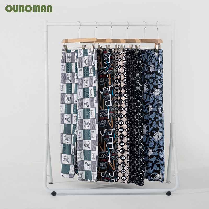 Summer Men's Large Size Silk Pajama Pants Cotton Home Pants Can Wear Casual Beach Pants Printed Pajama Pants