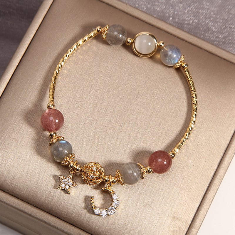 Natural moonstone crystal bracelet for women, strawberry crystal star and moon love bracelet, Instagram niche design Specification image