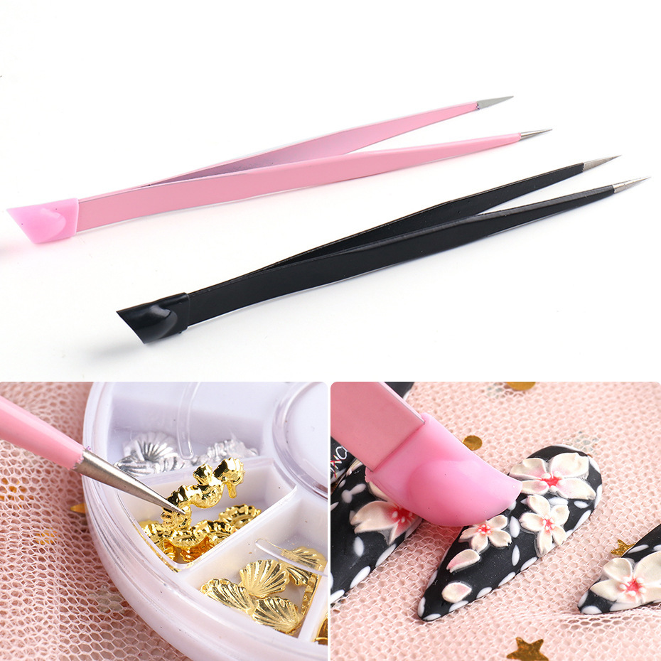 Cross-border new nail art tool: Double-headed tweezers, multi-purpose, with silicone press stick, sticker, diamond, accessory clip, diamond, nail shanilak