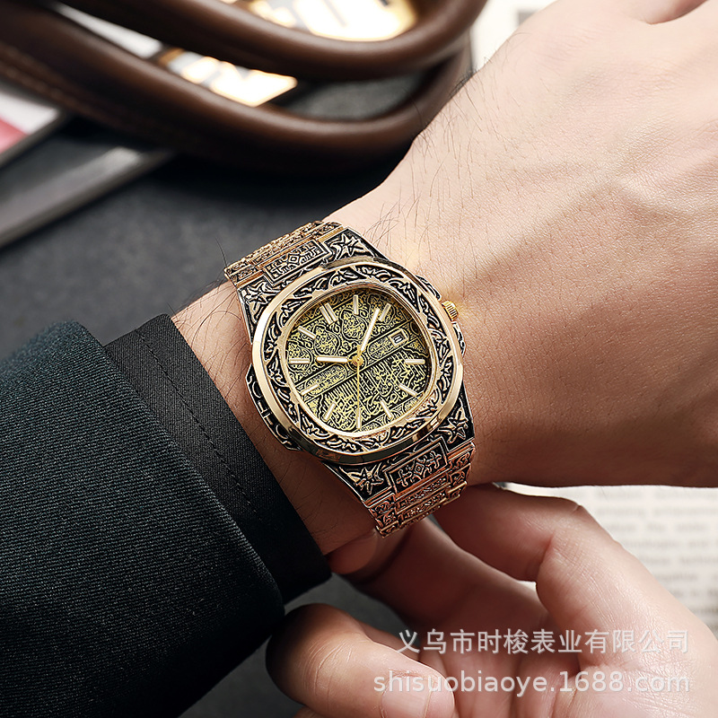 外贸新款古铜色复古浮雕男士钢带男表个性小伙腕表男士日历石英表