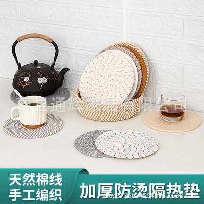 Nordic wind cotton placemat round hemp woven coaster insulated tray mat decorative props mat household anti-hot mat thumbnail