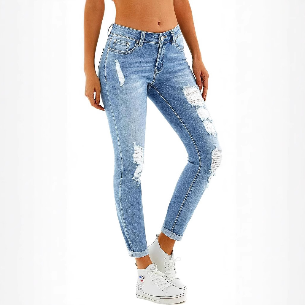 2025 New Amazon cross-border European and American fashion low-waisted stretch small-footed ripped denim long pants for women in stock details Picture