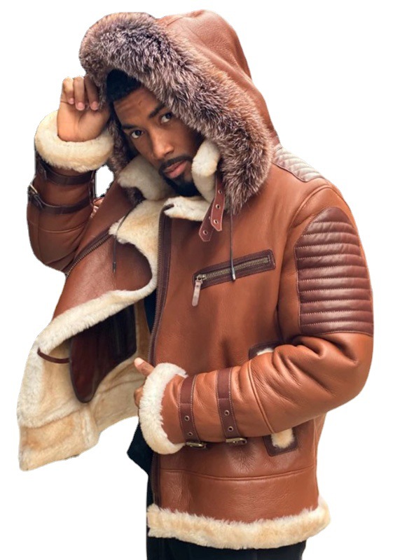 Aliexpress Independent Store wish Cross-border Brown large fur collar hooded, fleece and thickened men's leather jacket 6572 Item Picture