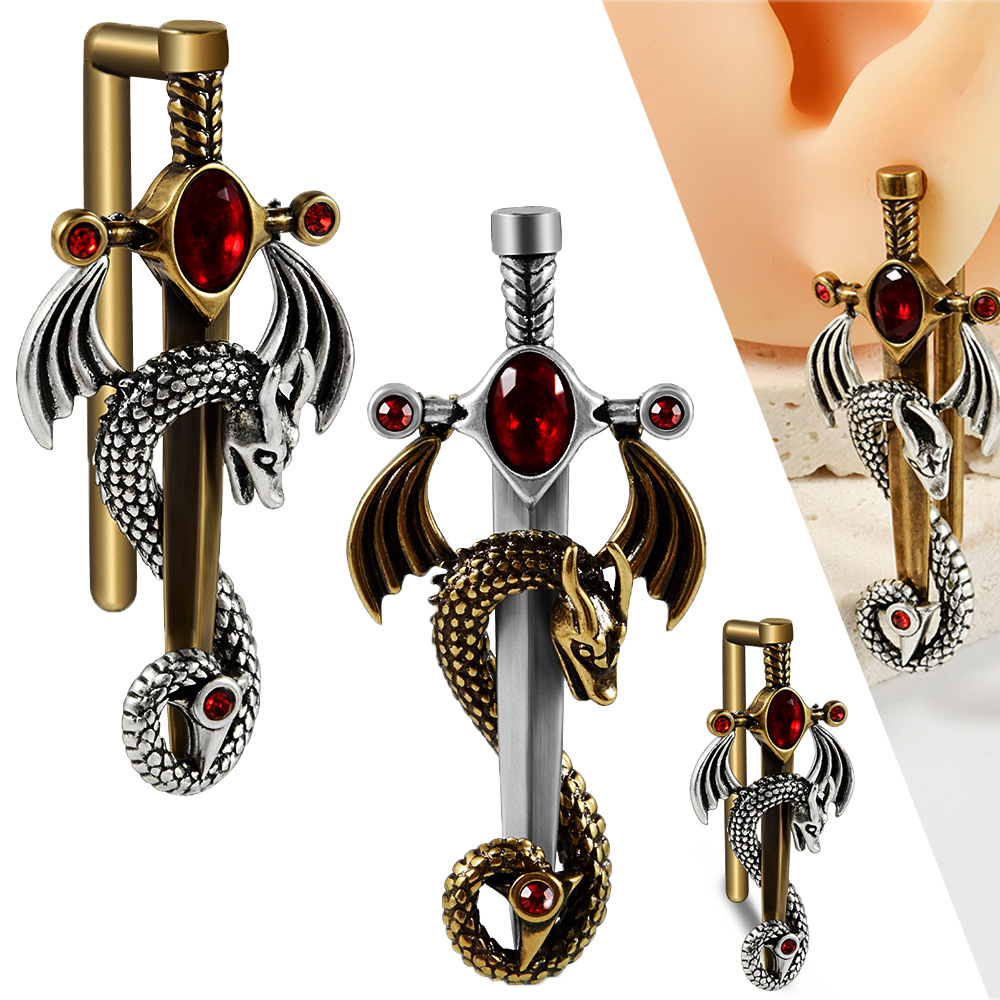 跨境朋克翼龙缠绕剑大尺寸耳廓 古金十字红钻耳垂耳挂铜穿刺饰品