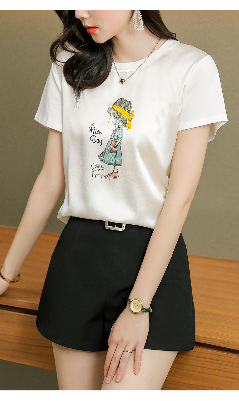 白色真丝t恤女2026夏宽松韩版百搭拼接棉小衫桑蚕丝短袖印花上衣详情4