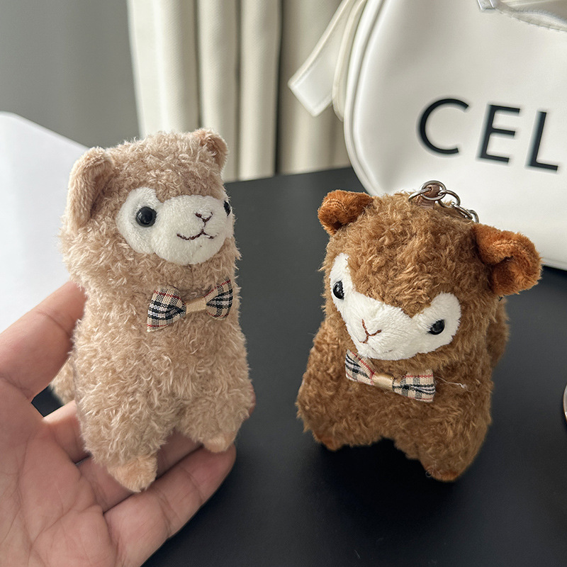Cute bow bow alpaca figurine keychain, cartoon plush little lamb doll, girls' schoolbag pendant gift Specification image