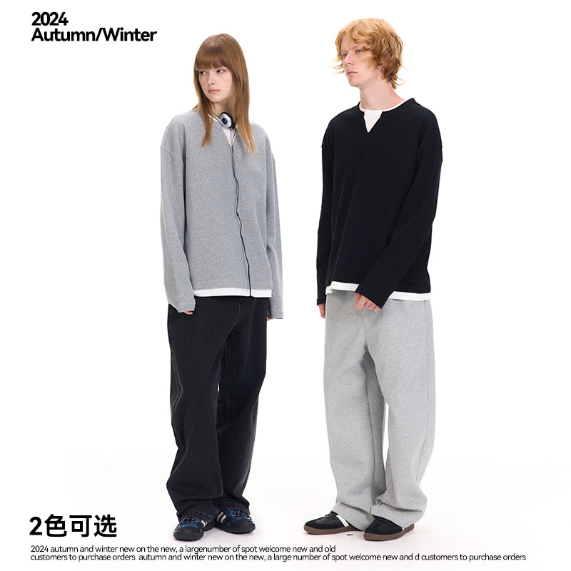 UNF's new autumn and winter collection of niche American fake two-piece Waffle solid color long-sleeved T-shirts, 320G round-neck knitted sweaters for men and women details Picture