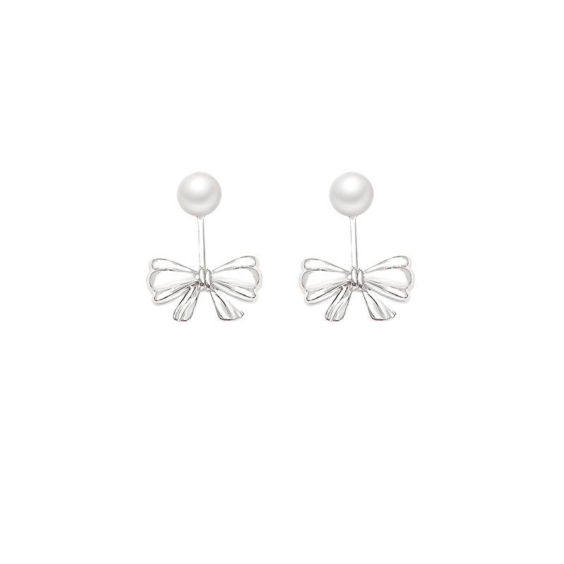 S925 Silver Needle Back Hanging Pearl Bow Earrings Cold Wind Everything Temperament Earrings Stud Korean Trend Earrings Female Item Picture