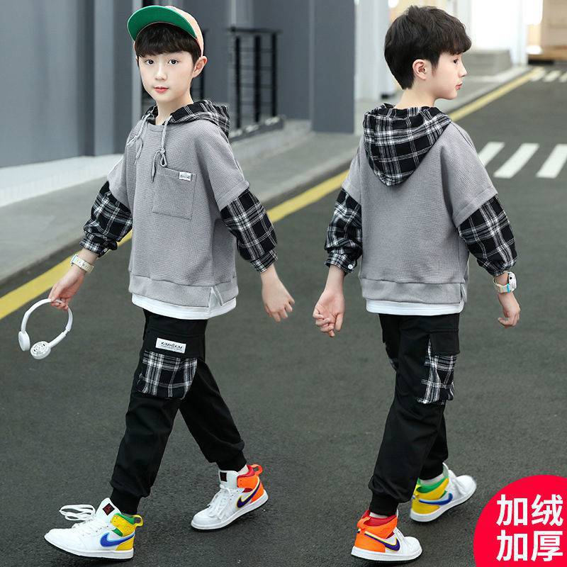 Boys' autumn and winter set, Children's 8 sports 9 Winter 10 fleece hoodie and long pants two-piece set, big boys' clothing for 12 years old Application Scenario