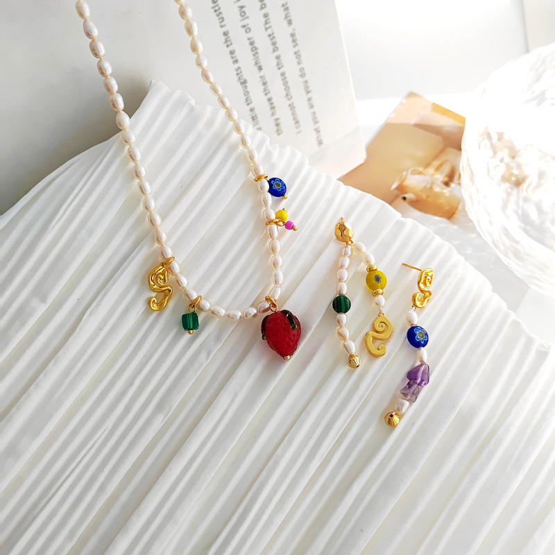 Vintage elegant cultured pearl necklace temperament coloured glaze earrings INS wind asymmetric earrings set T163 Specification drawing
