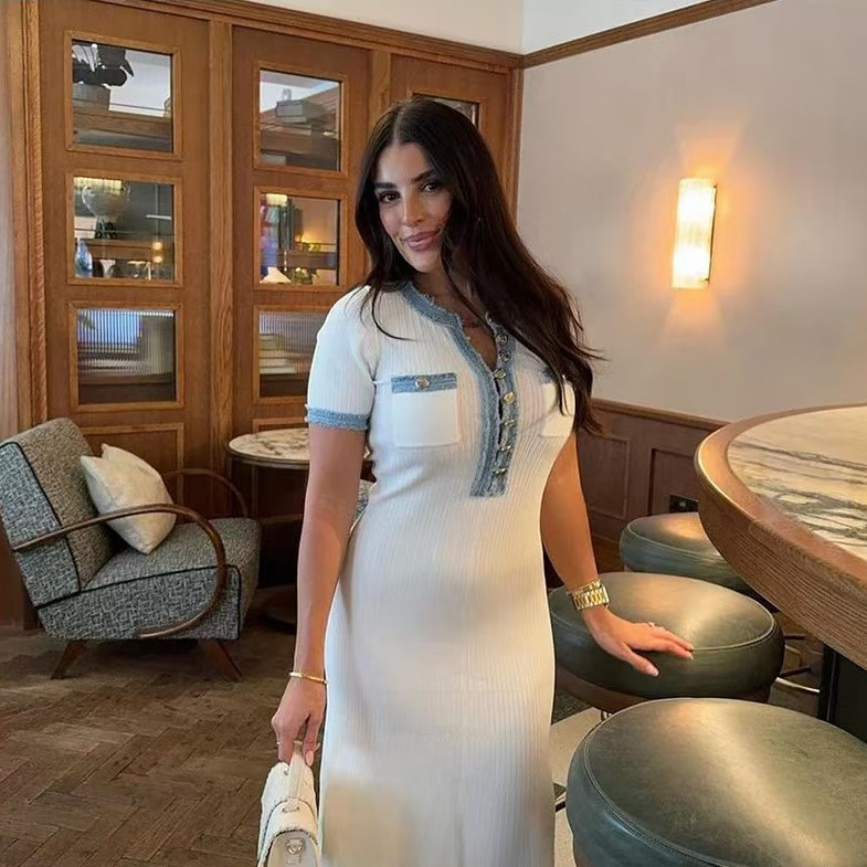 Cross-border bestseller African denim patchwork French long robe Spring and Summer new holiday two-piece fitted knitted one-piece long dress details Picture