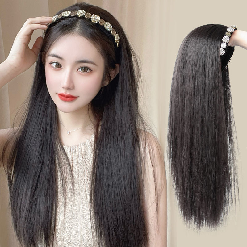 Wig for women, long hair band, wig, one-piece U-shaped half-head cover, long straight hair, natural one-piece faux hair wig