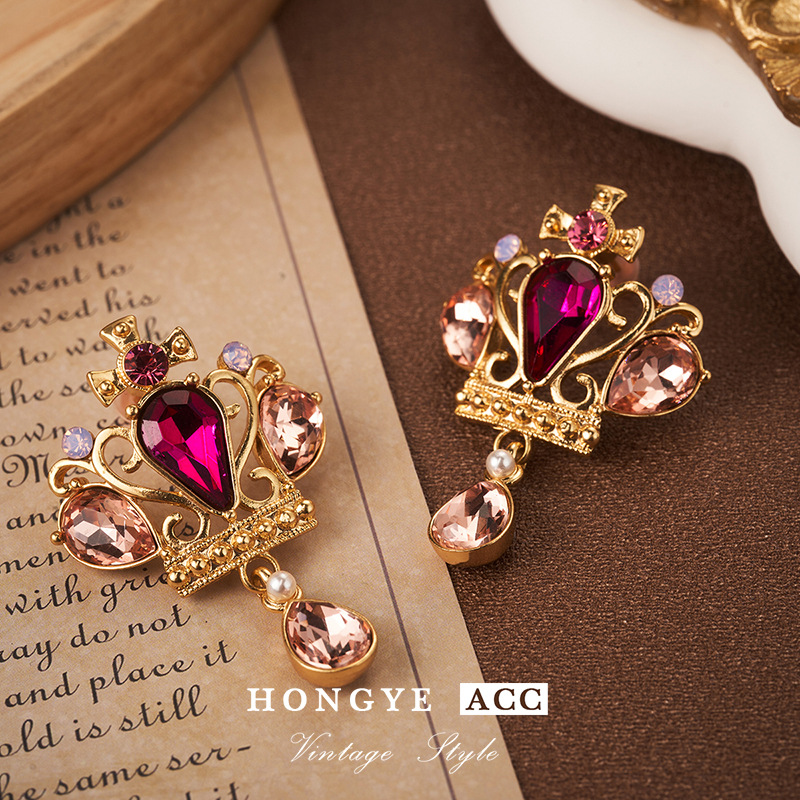 珍珠皇冠耳环中古Vintage饰品轻奢复古风夸张耳环925银针高级耳钉