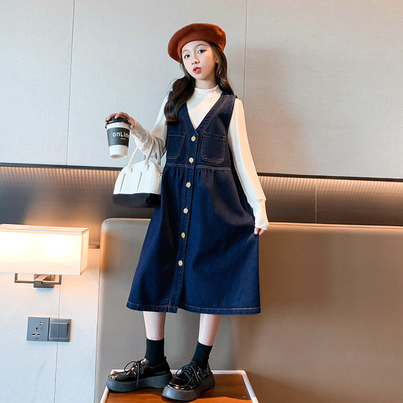 女童连衣裙春秋2022新款儿童春季洋气裙子大童秋装牛仔背带裙套装
