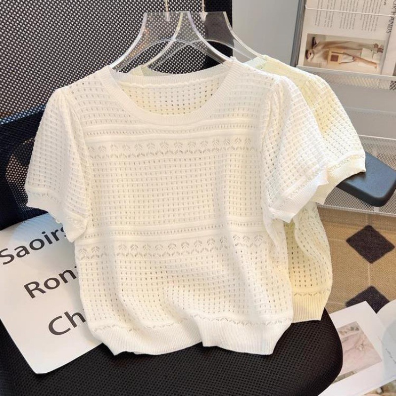 2024 New ice silk knitted sweater, women's white summer round-neck chanel-style cutout short-sleeved T-shirt, thin pullover top