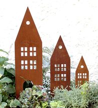生锈的三个城堡房子剪影圣诞花园金属装饰锈桩地插花盆庭院摆件