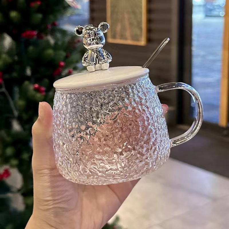 Creative ins glass mugs, bear water cups with handles, household breakfast cups with LIDS, popular welfare gifts Specification image