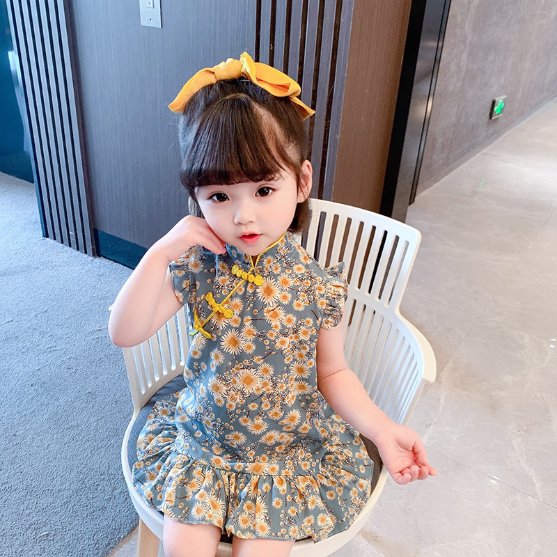 女宝宝改良旗袍连衣裙夏装儿童中国风短袖公主裙小童碎花裙子
