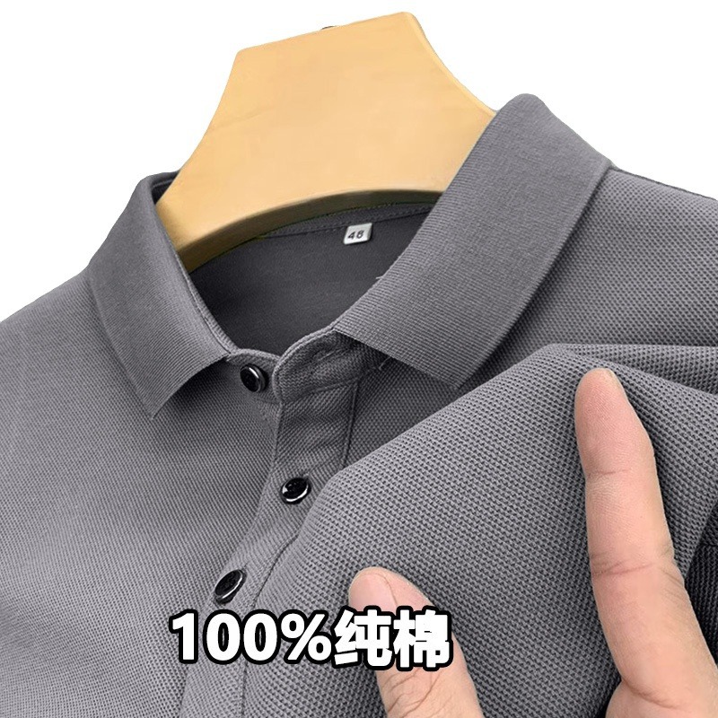 100% pure cotton men's summer short-sleeved T-shirt, business lapel half-sleeved T-shirt, middle-aged casual loose POLO shirt for men Item Picture