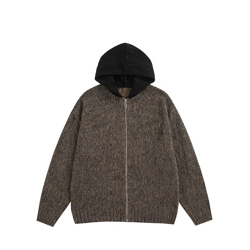 American streetwear brand mohair hooded zipper cardigan sweater men's autumn and winter street color-blocking laid-back loose jacket coat details Picture