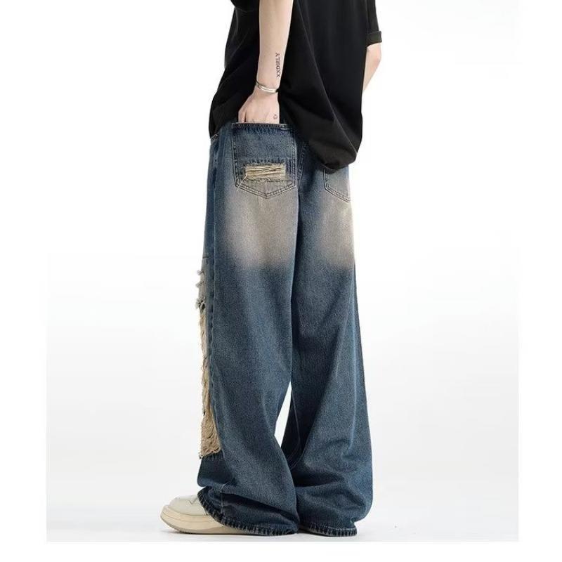 American vibe retro do old cloth ripped jeans women's high street design feel loose straight leg wide mop pants Application Scenario