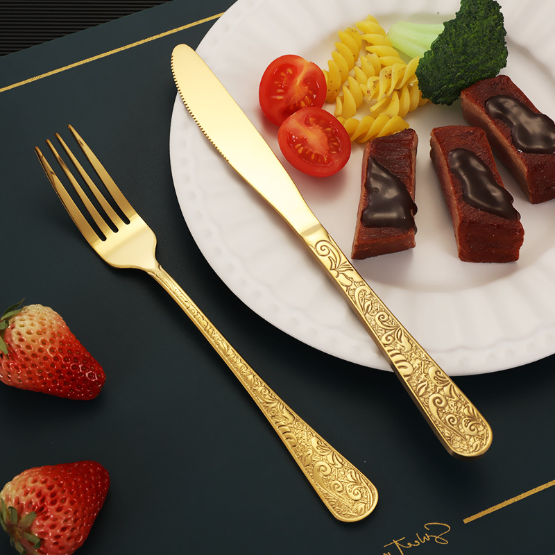 Amazon Creative court-style stainless steel tableware set, light luxury and retro patterned Western steak knife, fork and spoon Specification image