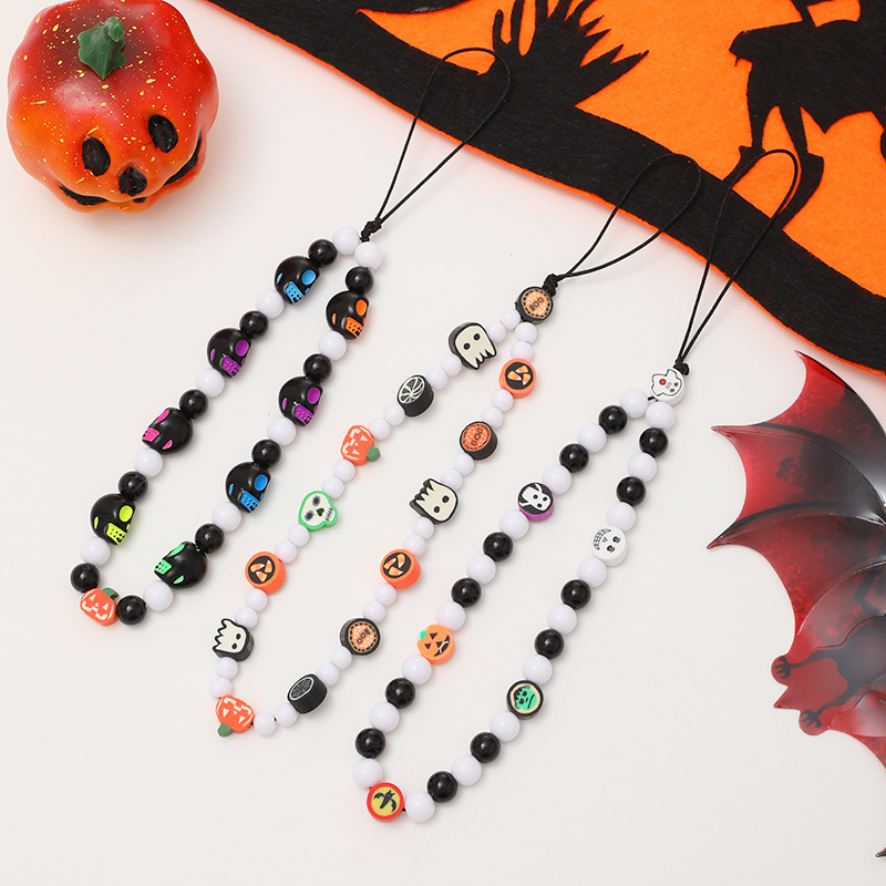 Cross-Border Ghost Festival Spooky Ghost Halloween Themed Gift Beaded Skull Phone Chain Phone Case Hanging Accessory