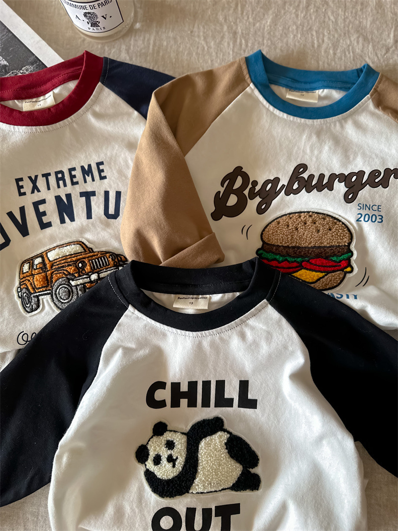 儿童T恤2025春秋款男童卡通全棉T男女童洋气拼色插肩袖打底衫批发详情18