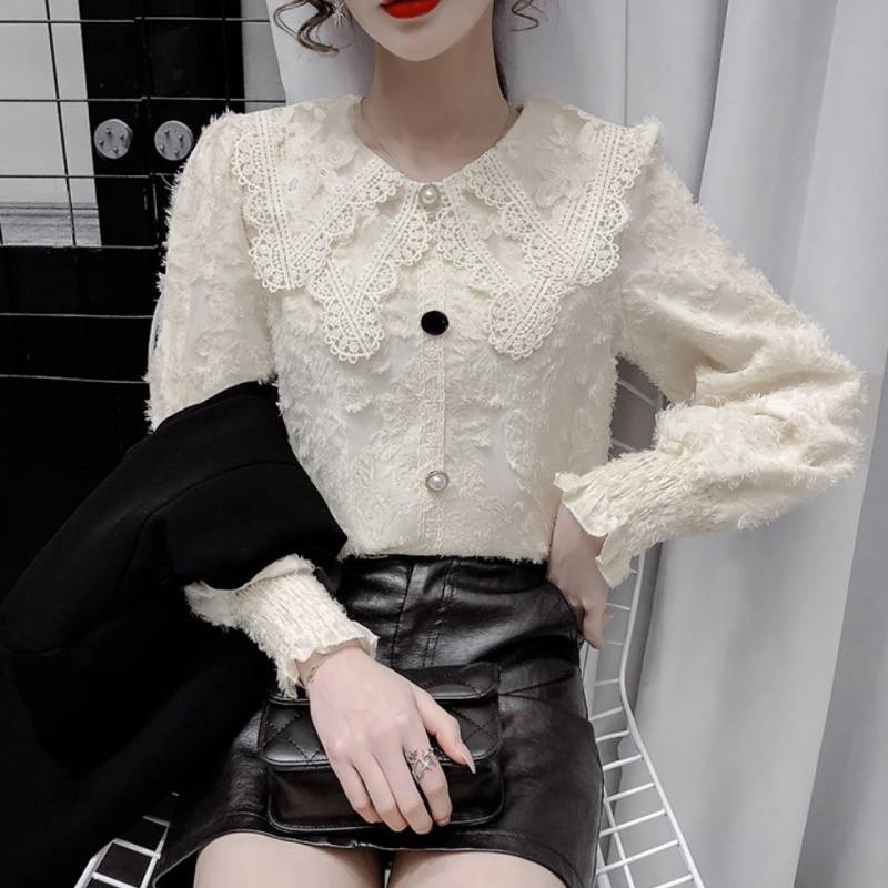 娃娃领加绒蕾丝雪纺衫女长袖秋冬新款洋气内搭上衣百搭女士打底衫