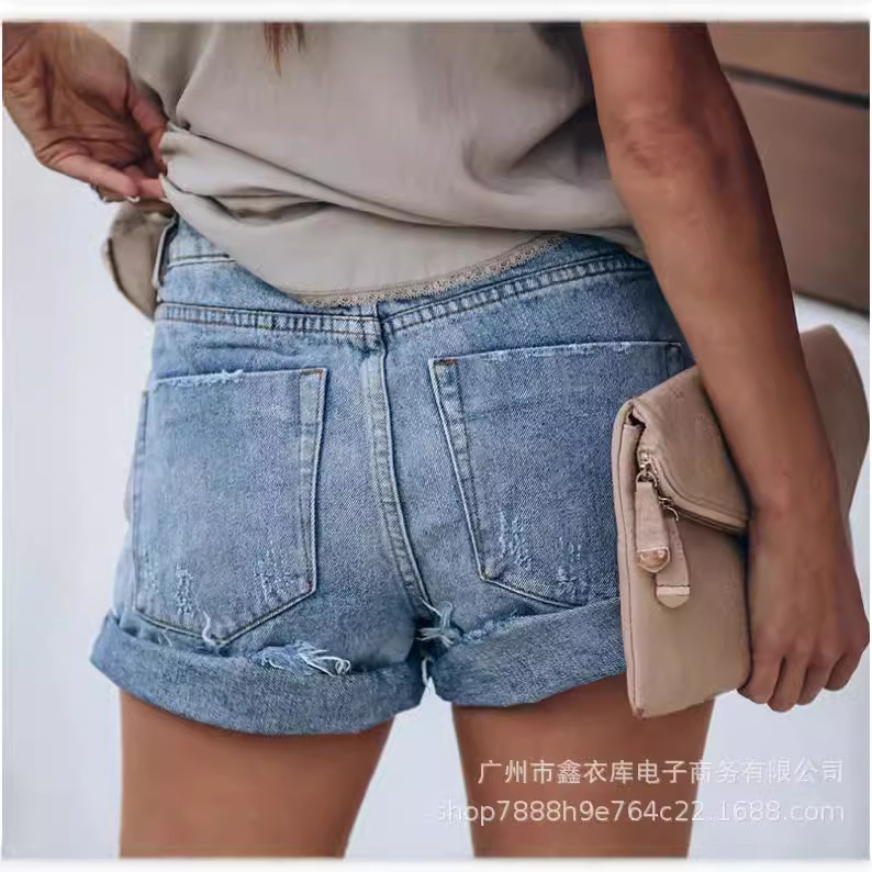 Foreign trade spot cross-border women's clothing 2021 European and American summer street trendsetters Ripped pocket shorts, three-color jeans for women Specification drawing