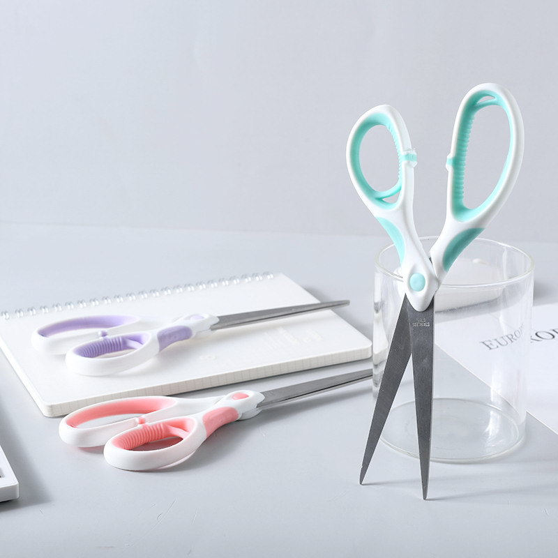 ins Macaron color art scissors wholesale two-color trumpet student stationery air cushion scissors office labor saving hand scissors Specification drawing